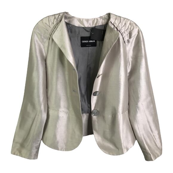Giorgio Armani Women Blazer Jacket Satin Cream Silk Peplum Waist Sz 38 NWT $2075